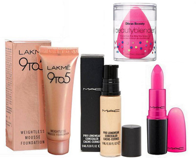 

Divas Beauty Sponge Puff, 9to5 Weightless Mousse Foundation and pro longwear concealer and Yum Yum Lipstick(Set of 4)