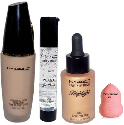

Professional kit Sponge Puff, mac Hyper Real Foundation, Prep+prime Pearl Gel Primer, Highlighter Skin Base Visage(Set of 4)