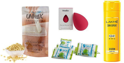 

studio Sponge Puff With Magic Napkin Pack Of 5 And UNWAX Granulated Wax - Body & Facial Hair Removal Wax Beans (High Quality Granulated Wax Beans) 100g And Body Lotion(Set of 4)
