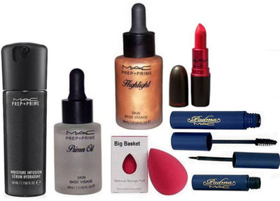 

big Basket Sponge Puff, Mac Prep+prime Moisture Infusion Serum, Highlighter, Primer Oil, Lady Gaga Lipstick, Padma Eyeliner & Mascara(Set of 7)