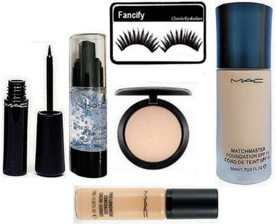 

Fancify eyelashes ,mac match master foundation , skin caviar primer , brooke candy eyeliner & studio fix powder compact with pro long wear liquid concealer& Liquid last Eyeliner(Set of 6)