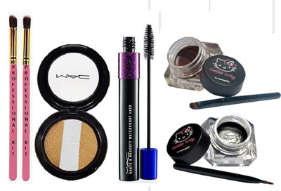 

Professional kit two makeup brush , mac 3 shades eye shadow fard a joues mineralize, hello kitty two balm liquid eyeliner & double effect mascara(Set of 6)