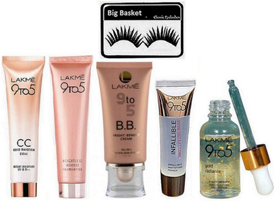 

big basket Eyelashes, 9 To 5 Infallible Primer, Mousse Foundation, Gold Radiance Face Serum,Complexion Care Face Cream & BB Bright . Benefit Cream(Set of 6)