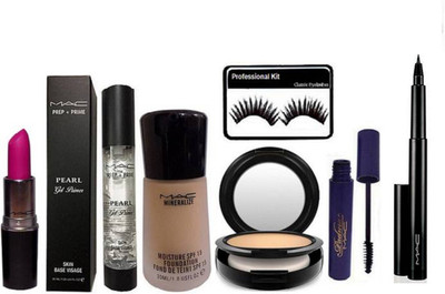 

Professional kit Eyelashes& Mac pen Eyeliner,Mascara& Mineralize Foundation& Pearl Primer& Studio Fix Compact& Pink Matte Finish Lipstick(Set of 8)