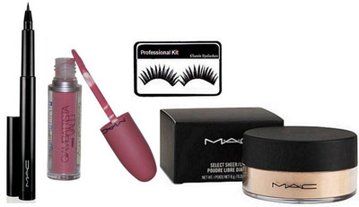 

Professional kit Eyelashes, select sheer Loose Powder,Liquid Lip Gloss& Mac Pen Eyeliner(Set of 4)