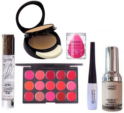 

divas beauty Sponge Puff With Mac Up To 24h Skin Primer,lip Cream Palette, Liquid Eyeliner With Minlarlize Foundation Makeup Kit & Two Way Compact(Set of 6)
