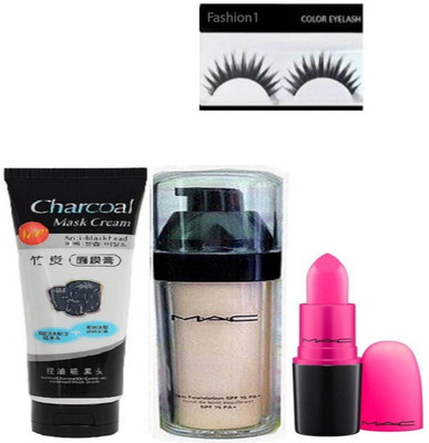 

FASHION 1 Professional Eyelashes,Mac Liquid Last Eyeliner,Mineralize Fond De Teint Foundation&Orange Shade Lipstick (Set of 4(Set of 4)