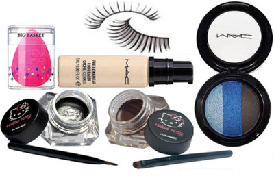 

big basket sponge puff & mac pro longwear concealer & hello kitty eyeliner two blam with mac eyeshadow fard a' joues mineralize & eyelashes(Set of 5)
