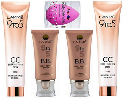 

studio Sponge Puff, Lakme 9to5 CC Cream Color Transform Cream Pack of 2, BB Bright Benefit Cream Pack of 2(Set of 5)