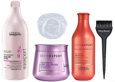 

Divas Beauty Hair Brush, Shaver Cap, L'oreal Vitamino A-OX Color Hair Shampoo 1500ml With Series Expert Instant Clear Anti-Dandruff Shampoo, 300mL & SerieExpert Pro+Keratin Liss Unlimited Masque(Set of 5)