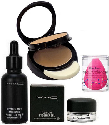 

divas beauty Sponge Puff With Mac Fluidline Gel Eyeliner With Hyper Real SPF 15 Foundation & Two Way Compact(Set of 4)