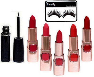 

Fancify Eyelashes,Lakme 9to5 matte finish lipstick (set of 5)& Mac Liquid last Eyeliner(Set of 7)