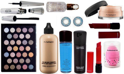 

Professional kit Sponge puff, Mac face and body foundation fond de teint visage et crops,32 Shadow makeup eyeshadow,Loose powder, Liquid eyeliner, Mascara, Pro eye makeup remover, Pre+primer serum,primer,Liptensit Lipstick& Lenses(Set of 11)