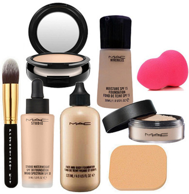

Professional kit Make Up Brush, Make Up Applying 2 Sponge Puff, Mac Studio Fix & Loose Powder Compact, Face & Body, Studio Waterweight & Mineralize Moisture Foundation(Set of 8)