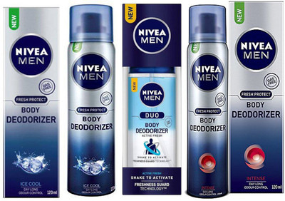 

Nivea MEN ICE COOL BODY DEODORIZER 120ml +MEN ACTIVE FRESH DUO BODY DEODORIZER 100ml + MEN INTENSE BODY DEODORIZER 120ml Deodorant Spray - For Men & Women(120 ml, Pack of 3)