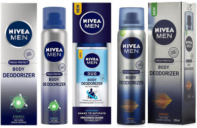 

Nivea MEN ENERGY BODY DEODORIZER 120ml +MEN ACTIVE FRESH DUO BODY DEODORIZER 100ml +MEN SPRINT BODY DEODORIZER 120ml Deodorant Spray - For Men & Women(120 ml, Pack of 3)