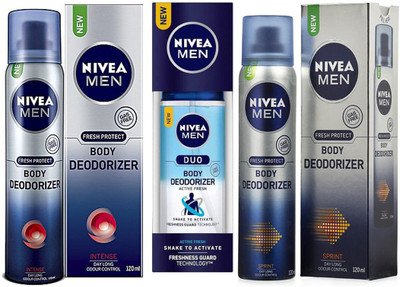 

Nivea MEN INTENSE BODY DEODORIZER 120ml +MEN ACTIVE FRESH DUO BODY DEODORIZER 100ml +MEN SPRINT BODY DEODORIZER 120ml Deodorant Spray - For Men & Women(120 ml, Pack of 3)