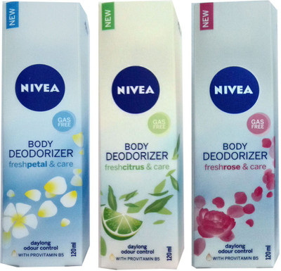 

Nivea FRESH ROSE & CARE BODY DEODORIZER 120ml +FRESH CITRUS & CARE BODY DEODORIZER 120ml +FRESH PETAL & CARE BODY DEODORIZER 120ml Deodorant Spray - For Men & Women(120 ml, Pack of 3)
