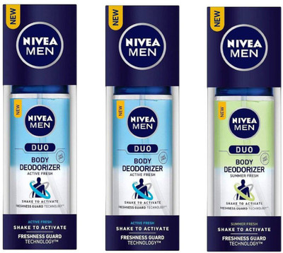 

Nivea MEN ACTIVE FRESH DUO BODY DEODORIZER 100ml +MEN SUMMER FRESH DUO BODY DEODORIZER 100ml Deodorant Spray - For Men & Women(100 ml, Pack of 3)