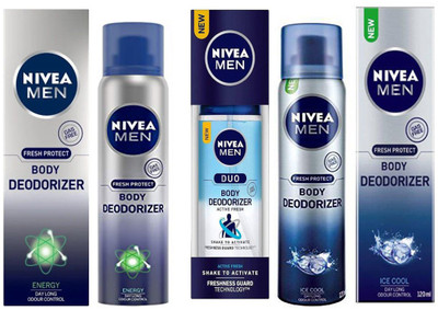 

Nivea MEN ICE COOL BODY DEODORIZER 120ml +MEN ACTIVE FRESH DUO BODY DEODORIZER 100ml +MEN ENERGY BODY DEODORIZER 120ml Deodorant Spray - For Men & Women(100 ml, Pack of 3)