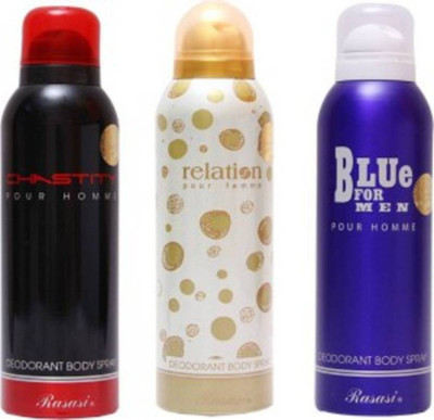 

Rasasi blue for men and realation femme (PACK OF 3) Body Spray - For Men & Women(600 ml, Pack of 3)