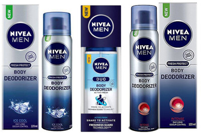 

Nivea ICE COOL BODY DEODORIZER 120ml +MEN ACTIVE FRESH DUO BODY DEODORIZER 100ml +MEN INTENSE BODY DEODORIZER 120ml Deodorant Spray - For Men & Women(120 ml, Pack of 3)