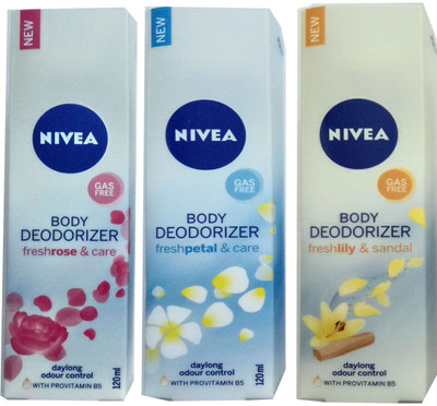 

Nivea FRESH LILY & SANDAL BODY DEODORIZER 120ml +FRESH PETAL & CARE BODY DEODORIZER 120ml +FRESH ROSE & CARE BODY DEODORIZER 120ml Deodorant Spray - For Men & Women(120 ml, Pack of 3)