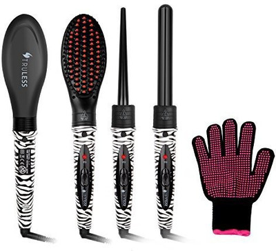 

Truless Professional 3 in 1 Ceramic Tourmaline Ionic Hair Styling Salon Set with 2 Interchangeable Curling Wand Ceramic Barrels and Hair Straightener Brush + Free Heat Protective Glove, Black