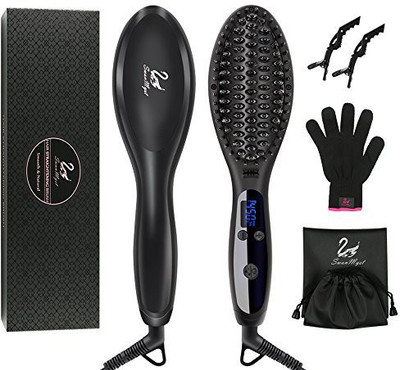 

SwanMyst Hair Straightening Brush, Ceramic Ionic Hair Straightener Brush Iron with Heat Resistant Glove and Auto Temperature Lock, Dual Voltage, Matt Black