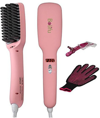 

Belifu 2-in-1 Ionic Hair Straightener Brush PTC Heating LED Display 5 Heat Settings for Different Hair Types Instant Silky Straight Hair Anti Scald Teeth with 1 Glove and 1 Hair Clips (Pink)