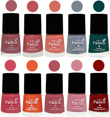 

FABIA Multicolor Nail Polish/Mix Color/Combo Color Set of 10pcs X 10ml (2609201907) Lip-Bazooka Joe-Light Peach-Wild Gray Yonder-Dark Green-Shock Pink-Sour Orange-Mauve Pink-Rose-Bold Red(Pack of 10)