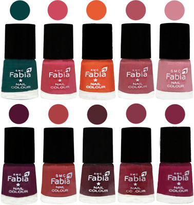 

FABIA Multicolor Nail Polish/Mix Color/Combo Color Set of 10pcs X 10ml (2609202024) Dark Green-Shock Pink-Sour Orange-Mauve Pink-Rose-Boysenberry-Peach-Wine-Wine Red-Dark Magenta(Pack of 10)