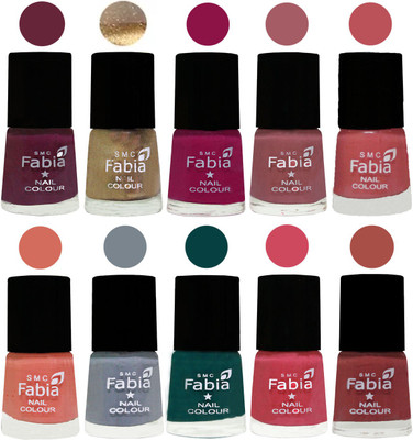 

FABIA Multicolor Nail Polish/Mix Color/Combo Color Set of 10pcs X 10ml (2609201825) Mulberry-Gold-Raspberry-Lip-Bazooka Joe-Light Peach-Wild Gray Yonder-Dark Green-Shock Pink-Dark Peach(Pack of 10)