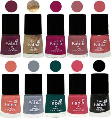 

FABIA Multicolor Nail Polish/Mix Color/Combo Color Set of 10pcs X 10ml (2609201834) Mulberry-Gold-Raspberry-Lip-Bazooka Joe-Light Peach-Wild Gray Yonder-Dark Green-Shock Pink-Black(Pack of 10)