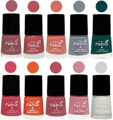 

FABIA Multicolor Nail Polish/Mix Color/Combo Color Set of 10pcs X 10ml (2609201929) Lip-Bazooka Joe-Light Peach-Wild Gray Yonder-Dark Green-Shock Pink-Sour Orange-Mauve Pink-Rose-White(Pack of 10)