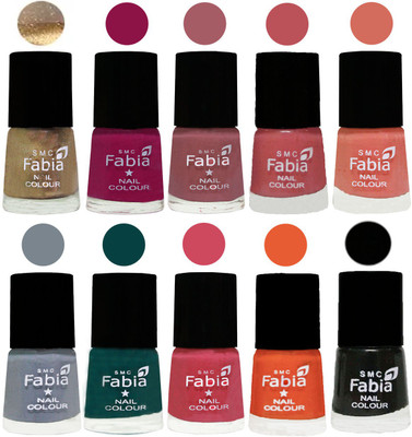 

FABIA Multicolor Nail Polish/Mix Color/Combo Color Set of 10pcs X 10ml (2609201867) Gold-Raspberry-Lip-Bazooka Joe-Light Peach-Wild Gray Yonder-Dark Green-Shock Pink-Sour Orange-Black(Pack of 10)