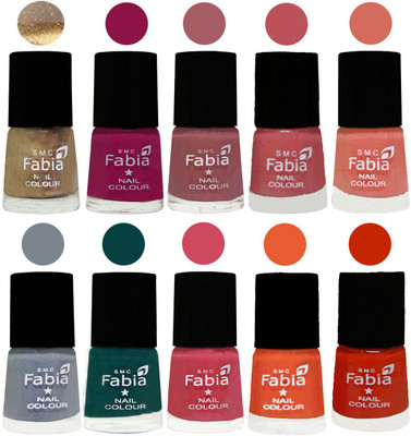

FABIA Multicolor Nail Polish/Mix Color/Combo Color Set of 10pcs X 10ml (2609201842) Gold-Raspberry-Lip-Bazooka Joe-Light Peach-Wild Gray Yonder-Dark Green-Shock Pink-Sour Orange-Fire Orange(Pack of 10)