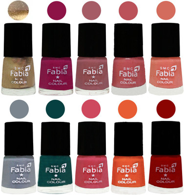 

FABIA Multicolor Nail Polish/Mix Color/Combo Color Set of 10pcs X 10ml (2609201849) Gold-Raspberry-Lip-Bazooka Joe-Light Peach-Wild Gray Yonder-Dark Green-Shock Pink-Sour Orange-Red(Pack of 10)