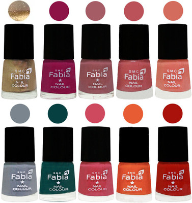 

FABIA Multicolor Nail Polish/Mix Color/Combo Color Set of 10pcs X 10ml (2609201857) Gold-Raspberry-Lip-Bazooka Joe-Light Peach-Wild Gray Yonder-Dark Green-Shock Pink-Sour Orange-Reddish Red(Pack of 10)