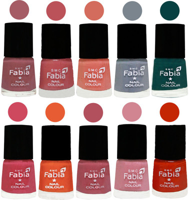 

FABIA Multicolor Nail Polish/Mix Color/Combo Color Set of 10pcs X 10ml (2609201905) Lip-Bazooka Joe-Light Peach-Wild Gray Yonder-Dark Green-Shock Pink-Sour Orange-Mauve Pink-Rose-Fire Orange(Pack of 10)