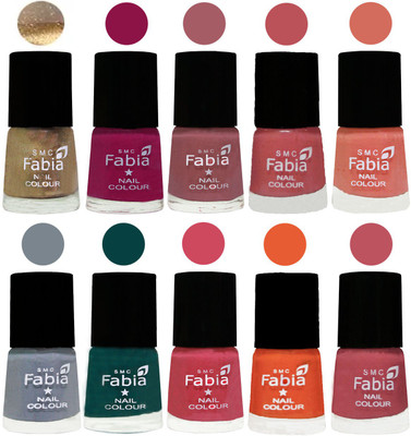 

FABIA Multicolor Nail Polish/Mix Color/Combo Color Set of 10pcs X 10ml (2609201850) Gold-Raspberry-Lip-Bazooka Joe-Light Peach-Wild Gray Yonder-Dark Green-Shock Pink-Sour Orange-Coral Pink(Pack of 10)