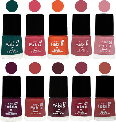 

FABIA Multicolor Nail Polish/Mix Color/Combo Color Set of 10pcs X 10ml (2609202035) Dark Green-Shock Pink-Sour Orange-Mauve Pink-Rose-Boysenberry-Peach-Wine-Wine Red-Dark Peach(Pack of 10)