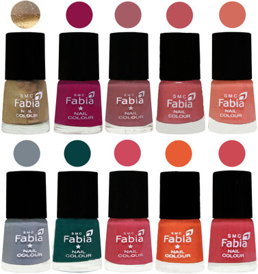 

FABIA Multicolor Nail Polish/Mix Color/Combo Color Set of 10pcs X 10ml (2609201845) Gold-Raspberry-Lip-Bazooka Joe-Light Peach-Wild Gray Yonder-Dark Green-Shock Pink-Sour Orange-Strawberry(Pack of 10)