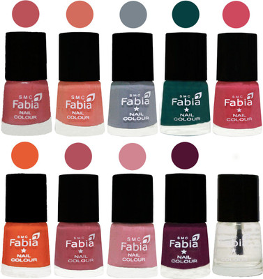 

FABIA Multicolor Nail Polish/Mix Color/Combo Color Set of 10pcs X 10ml (2609201958) Bazooka Joe-Light Peach-Wild Gray Yonder-Dark Green-Shock Pink-Sour Orange-Mauve Pink-Rose-Boysenberry-Top Coat(Pack of 10)