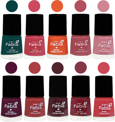 

FABIA Multicolor Nail Polish/Mix Color/Combo Color Set of 10pcs X 10ml (2609202022) Dark Green-Shock Pink-Sour Orange-Mauve Pink-Rose-Boysenberry-Peach-Wine-Wine Red-Strawberry(Pack of 10)