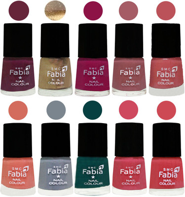 

FABIA Multicolor Nail Polish/Mix Color/Combo Color Set of 10pcs X 10ml (2609201812) Mulberry-Gold-Raspberry-Lip-Bazooka Joe-Light Peach-Wild Gray Yonder-Dark Green-Shock Pink-Strawberry(Pack of 10)