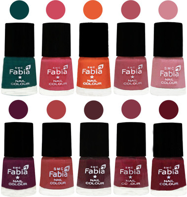 

FABIA Multicolor Nail Polish/Mix Color/Combo Color Set of 10pcs X 10ml (2609202030) Dark Green-Shock Pink-Sour Orange-Mauve Pink-Rose-Boysenberry-Peach-Wine-Wine Red-Maroon(Pack of 10)