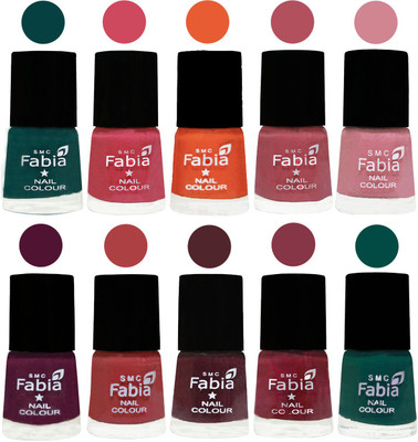

FABIA Multicolor Nail Polish/Mix Color/Combo Color Set of 10pcs X 10ml (2609202040) Dark Green-Shock Pink-Sour Orange-Mauve Pink-Rose-Boysenberry-Peach-Wine-Wine Red-Pine Green(Pack of 10)