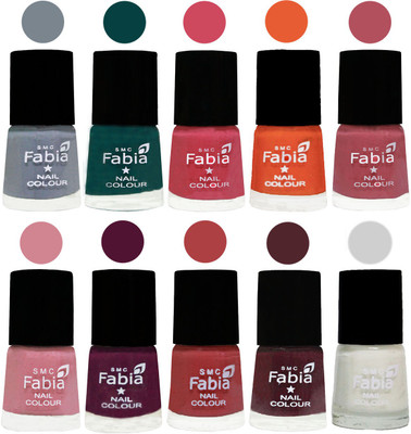 

FABIA Multicolor Nail Polish/Mix Color/Combo Color Set of 10pcs X 10ml (2609202016) Wild Gray Yonder-Dark Green-Shock Pink-Sour Orange-Mauve Pink-Rose-Boysenberry-Peach-Wine-White(Pack of 10)