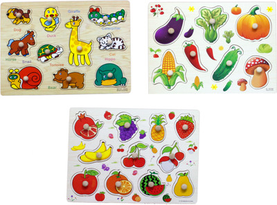 

Hnt Kids wooden pegged animals vegetables and fruit inset puzzle(32 Pieces)